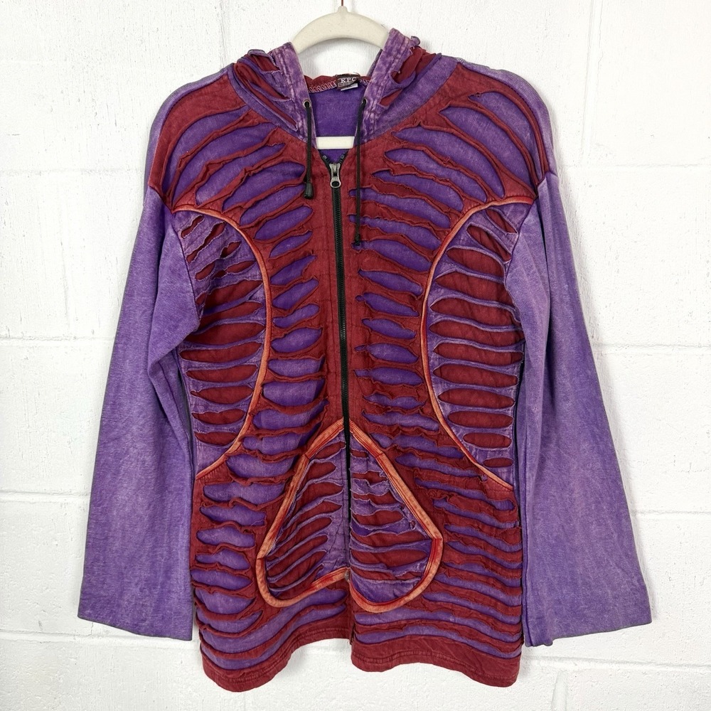KPC Zip Up Hoodie Purple Red Ripped Distressed Goth Indie Grunge Skater SZ XXL